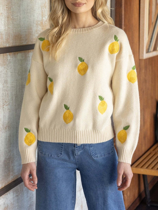 Damen kuscheliger Strickpullover mit Zitronenstickerei Fudus