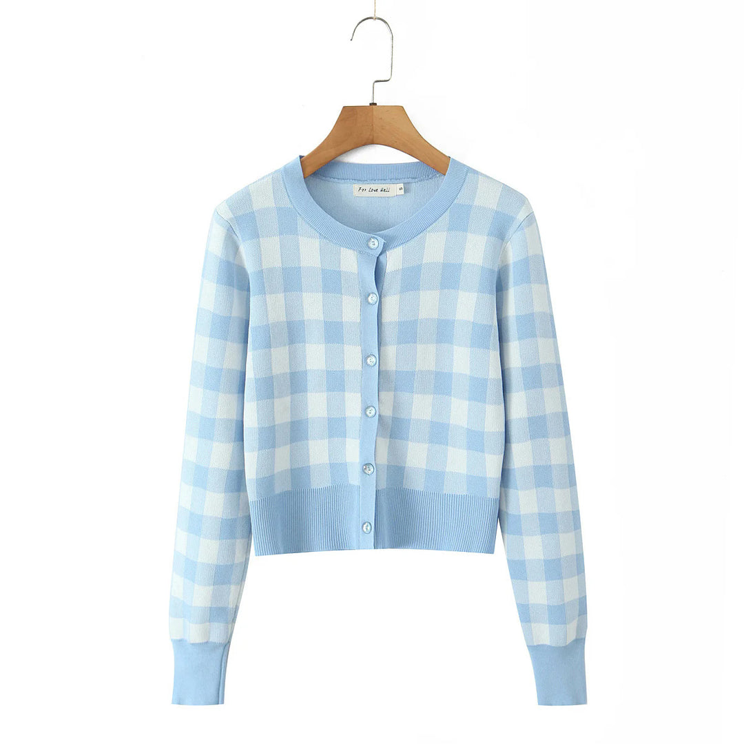 Damen modischer karierten Strickjacke mit Rundhalsausschnitt und Knopfverschluss Fudus