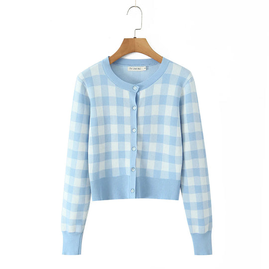 Damen modischer karierten Strickjacke mit Rundhalsausschnitt und Knopfverschluss Fudus