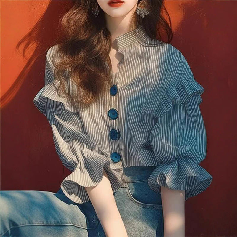 Damen Hemdbluse mit Rüschen und Knopfdetail Fudus