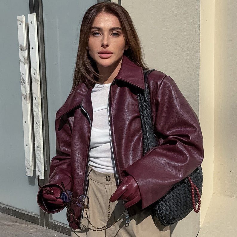 Damen Kunstlederjacke im urbanen Stil mit hohem Kragen und praktischen Taschen Fudus