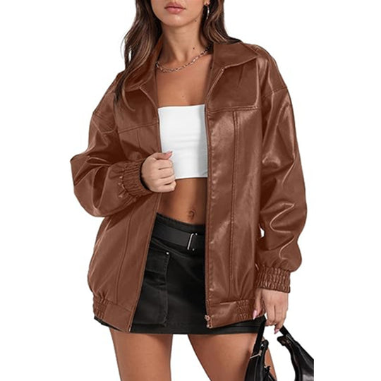 Damen lässige Oversized-Jacke mit elastischen Bündchen und durchgehendem Reißverschluss Fudus