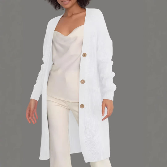 Damen langer Strickcardigan mit Knopfdetails und praktischen Taschen Fudus