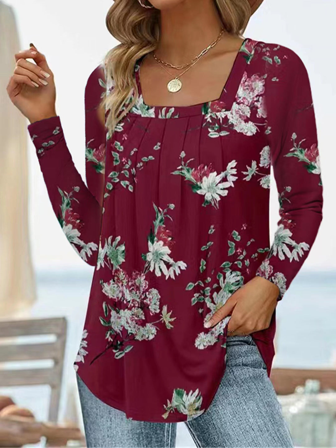 Damen Langärmliges Blumenshirt mit Rundhalsausschnitt Fudus