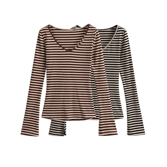 Damen Langarmshirt mit modischem V-Ausschnitt und eleganten Knopfdetails Fudus