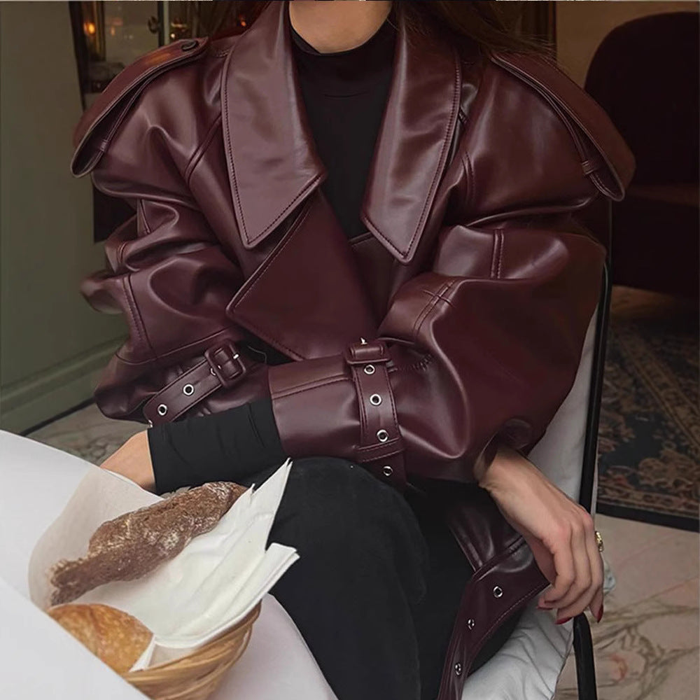 Damen Kunstlederjacke im Oversized-Design mit Riemen und neuen Details Fudus