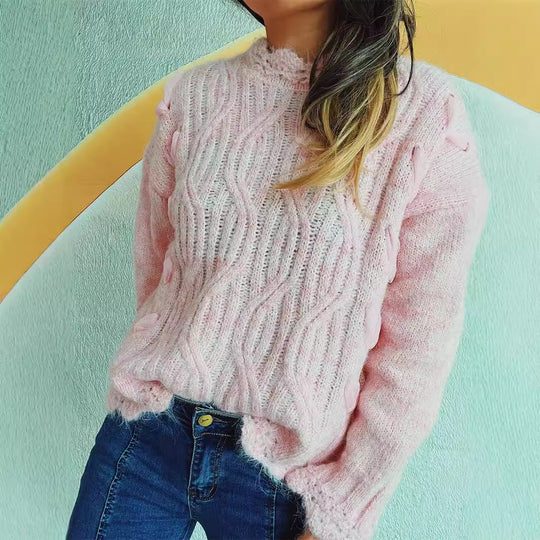 Damen Grobstrickpullover mit romantischem Wellenmuster und volumetrischen Ärmeln Fudus