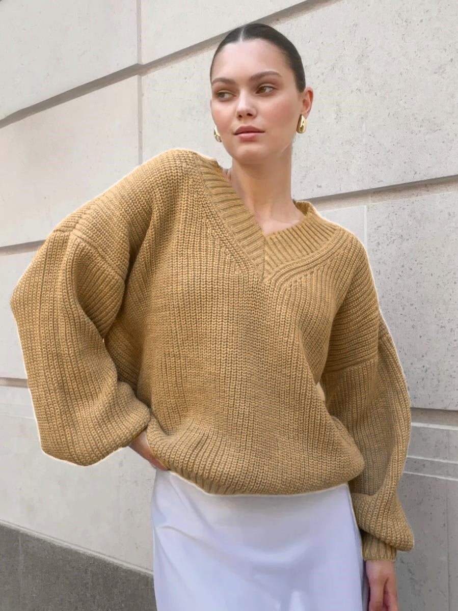 Damen Grobstrickpullover mit tiefem V-Ausschnitt und lässigen Ballonärmeln Fudus