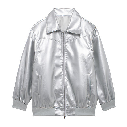 Damen Kunstlederjacke mit elastischen Bündchen und hochschließendem Kragen Fudus