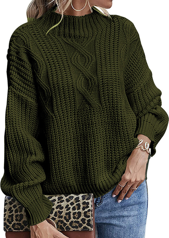 Damen Grobstrickpullover mit hohem Kragen und dekorativem Zopfmuster Fudus