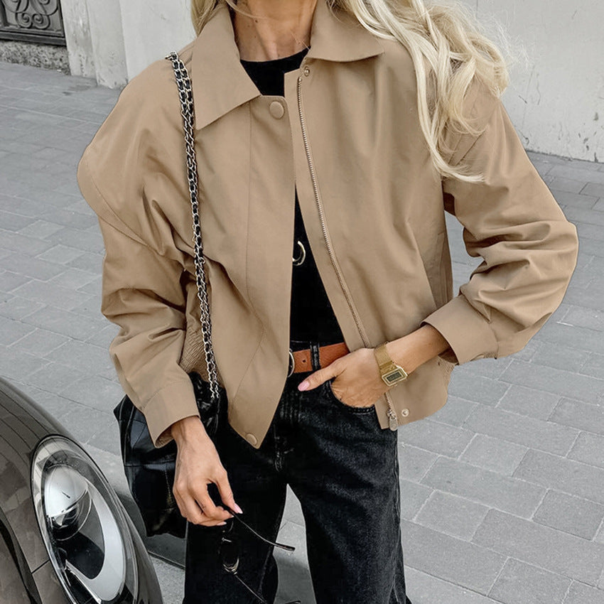 Damen Kurze Utility-Jacke mit voluminösen Ärmeln und praktischen Taschen Fudus