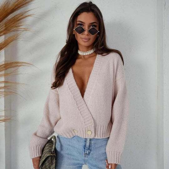 Damen kuschelige Strickjacke mit lockerer Passform und tiefem V-Ausschnitt Fudus