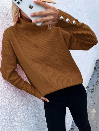 Damen Rollkragenpullover mit gestreiftem Design und dekorativen Knöpfen Fudus