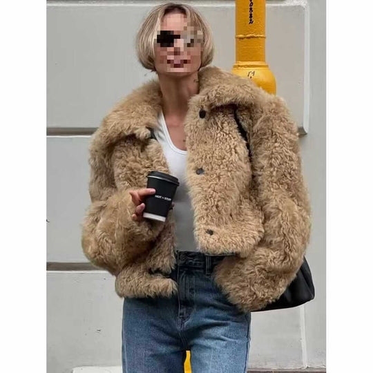 Damen Kunstfelljacke im lässigen Design mit großen Knöpfen Fudus