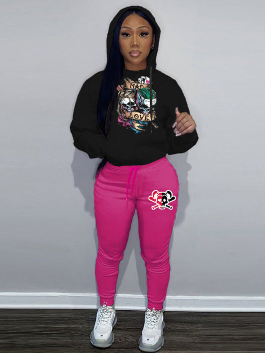 Damen Hoodie und Jogginghose Set mit einzigartigem Totenkopf-Design Fudus