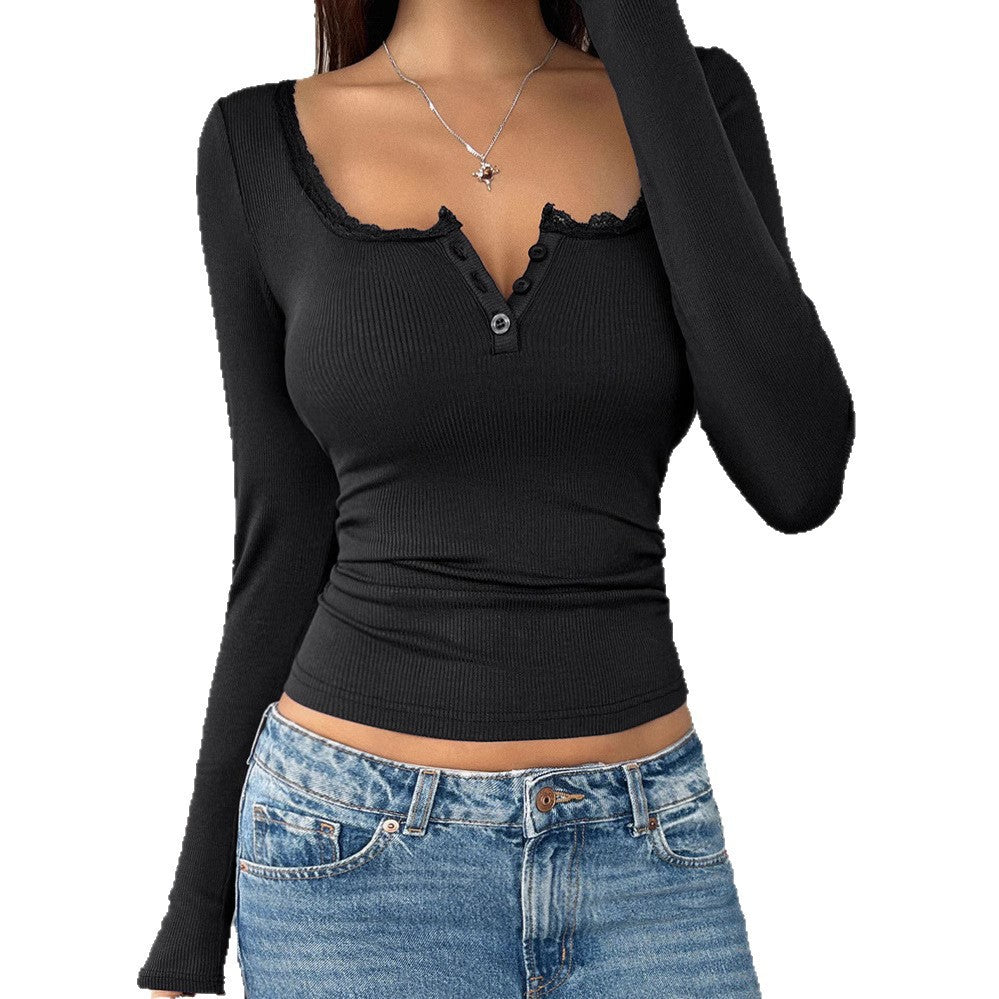 Damen Langarmshirt mit Spitzenbesatz und Knopfleiste Fudus