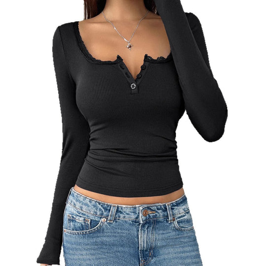 Damen Langarmshirt mit Spitzenbesatz und Knopfleiste Fudus