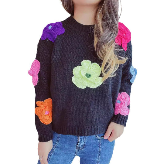 Damen kuscheliger Strickpullover mit floralem 3D-Motiv Fudus