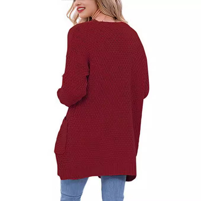 Damen Grobstrick Cardigan mit offenen Fronten und großen Eingrifftaschen Fudus