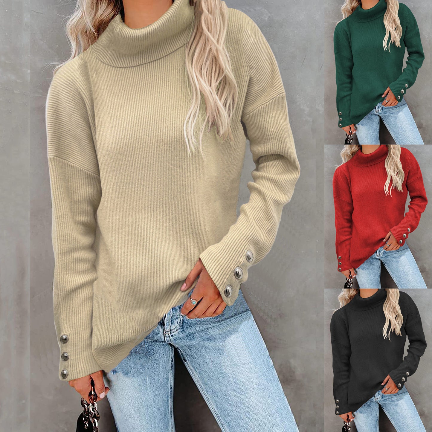 Damen Rollkragenpullover mit gestreiftem Design und dekorativen Knöpfen Fudus