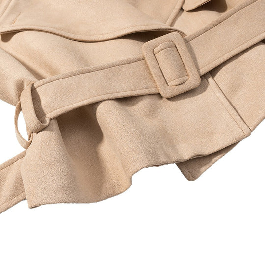 Damen Kunstlederjacke mit breitem Revers und taillierbarem Gürtel Fudus