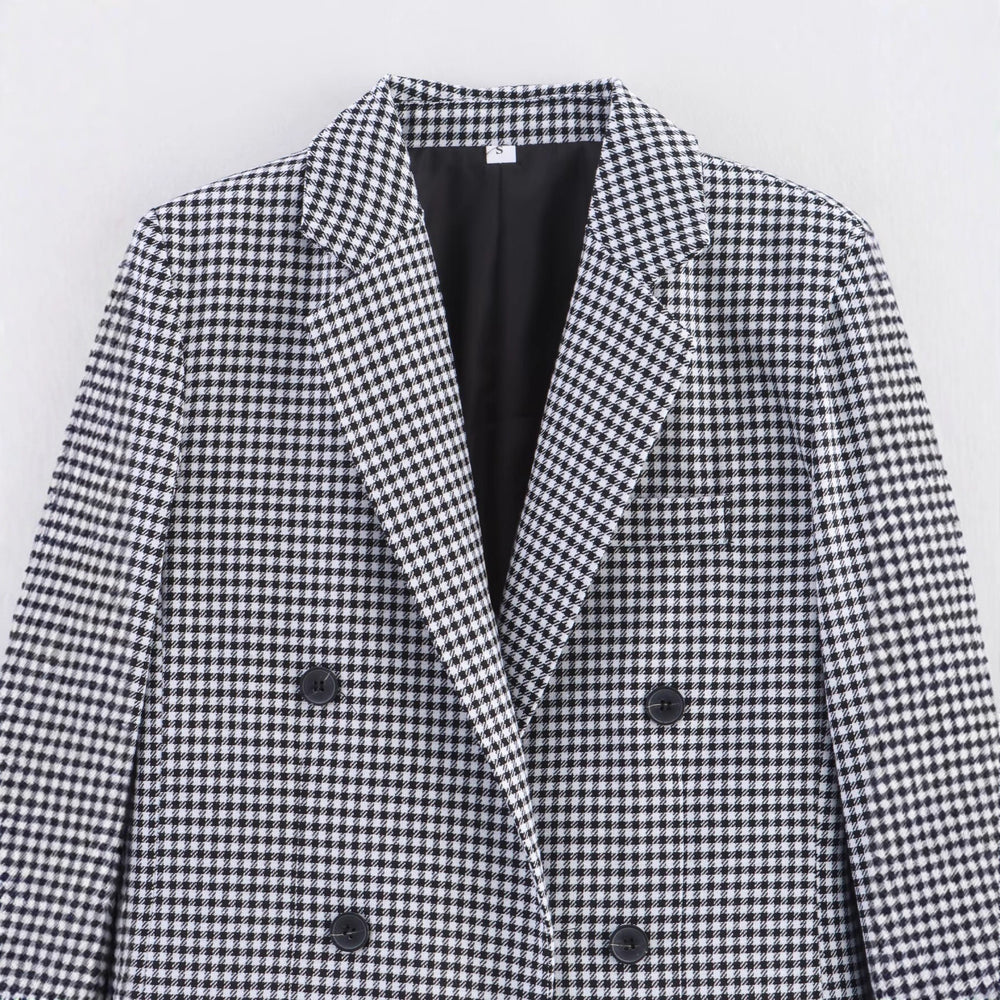 Damen karierter Blazer mit doppelter Knopfleiste und tailliertem Schnitt Fudus