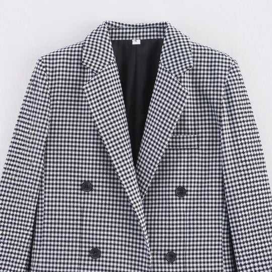 Damen karierter Blazer mit doppelter Knopfleiste und tailliertem Schnitt Fudus