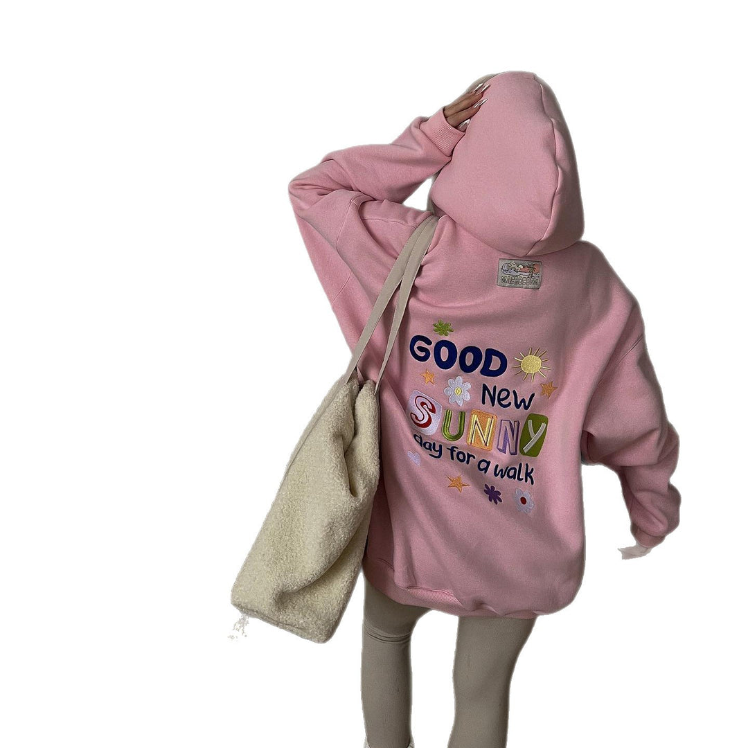 Damen Kapuzenkleid mit buntem Schriftzug und praktischen Taschen Fudus