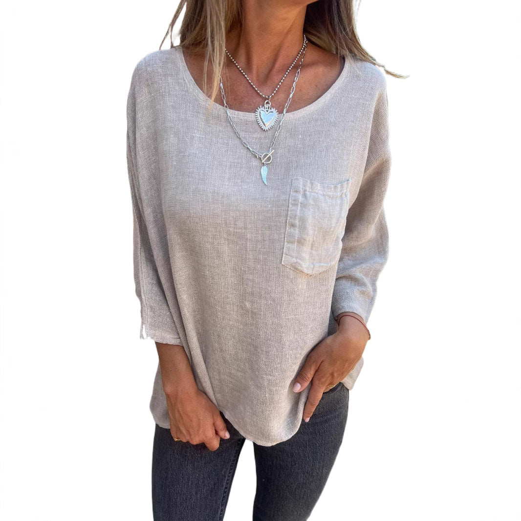 Damen lässige Leinenbluse mit aufgesetzter Tasche Fudus