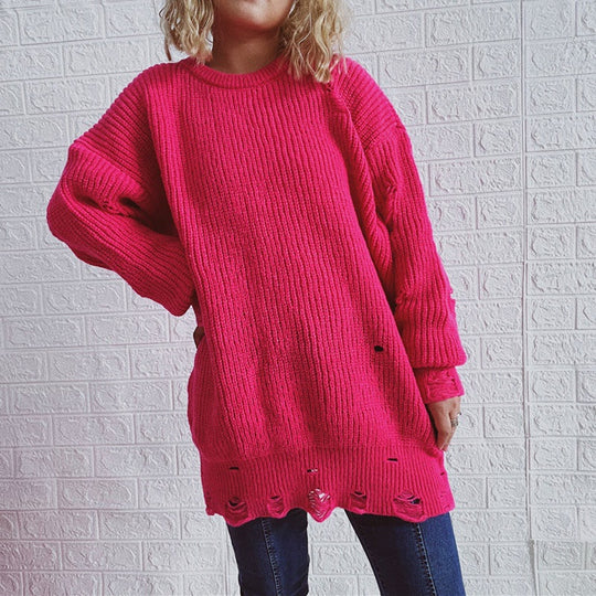 Damen Grobstrickpullover mit lässigen Rückenschlitzen und weiten Ärmeln Fudus