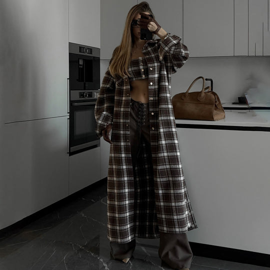 Damen Langes Karo-Hemdkleid mit abnehmbaren Ärmeln Fudus