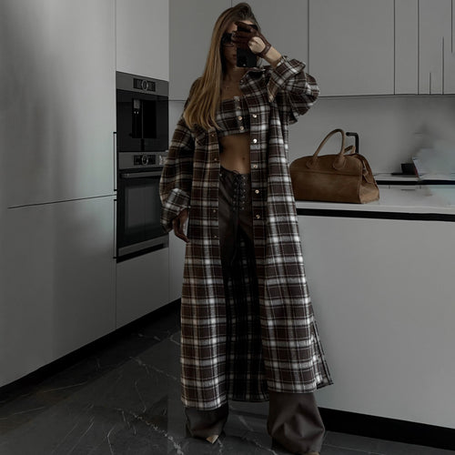 Damen Langes Karo-Hemdkleid mit abnehmbaren Ärmeln Fudus