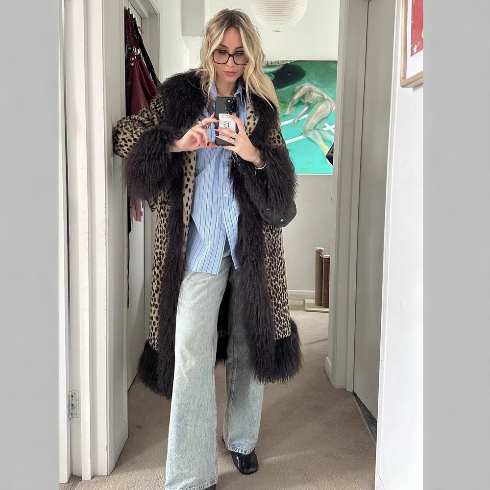 Damen Kunstfellmantel mit Leopardenmuster Fudus