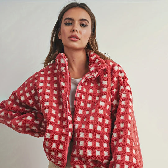 Damen kuschelige Oversized Fleecejacke mit Karomuster und hohem Kragen Fudus