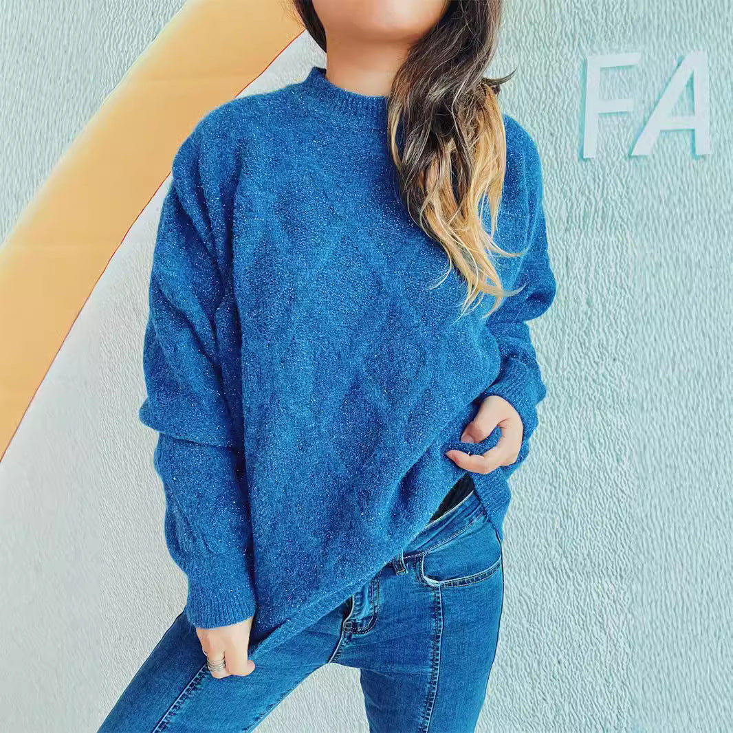 Damen Grobstrickpullover mit elegantem Rautenmuster und voluminösen Ärmeln Fudus