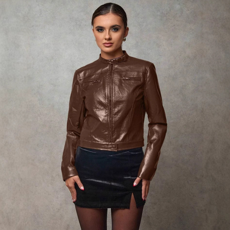 Damen Kurze Kunstlederjacke mit asymmetrischem Schnitt Fudus