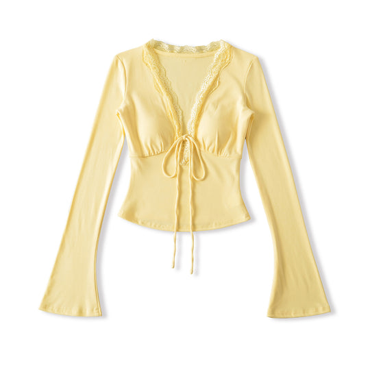 Damen langärmliges Oberteil mit Rüschendetails und eleganter Schnürung Fudus