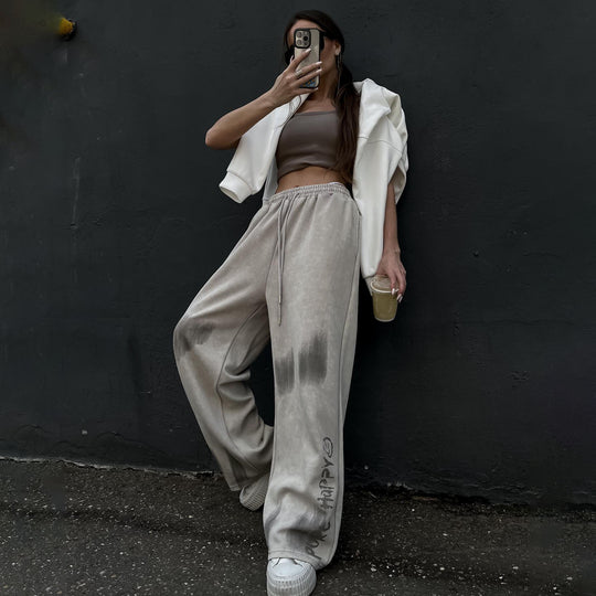 Damen lässige High-Waist Hose mit ausgefallenem Wasch-Effekt Fudus