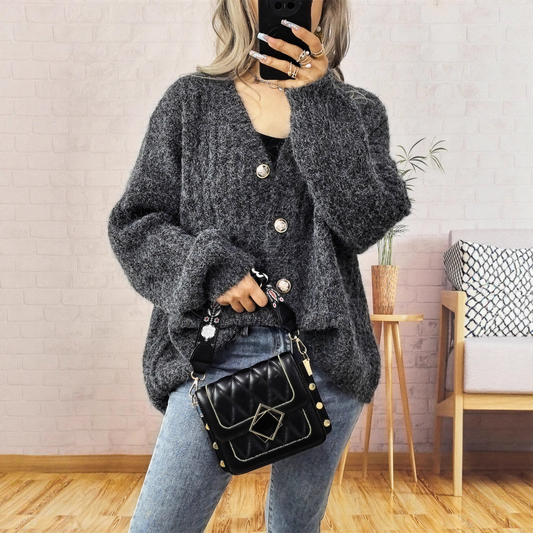 Damen Grobstrickjacke mit modischen Knöpfen und lässigem Schnitt Fudus