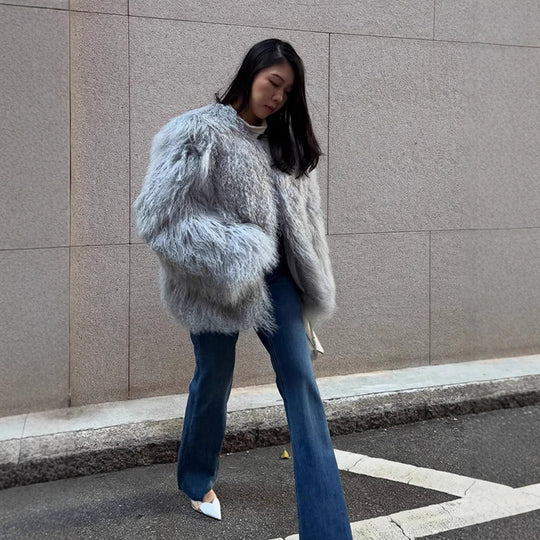 Damen Kunstfelljacke mit voluminösen Ärmeln