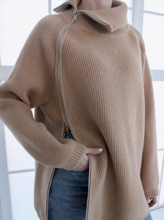 Damen kuscheliger Strickpullover mit asymmetrischem Reißverschluss Fudus