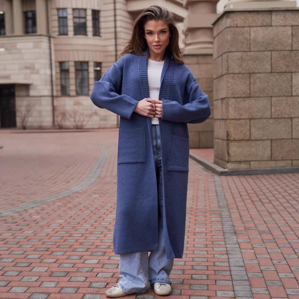 Damen Langstrickcardigan mit offenen Kanten und tiefen Taschen Fudus