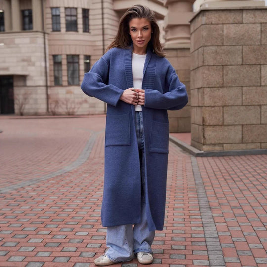 Damen Langstrickcardigan mit offenen Kanten und tiefen Taschen Fudus