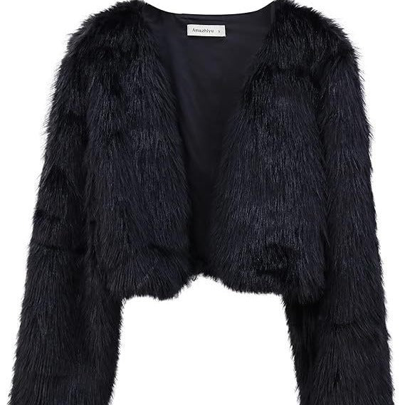Damen Kurze glamouröse Kunstfelljacke mit lockeren Ärmeln Fudus
