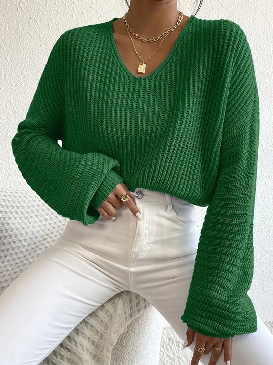 Damen Grobstrickpullover mit tiefem V-Ausschnitt und lässigen Ärmeln Fudus
