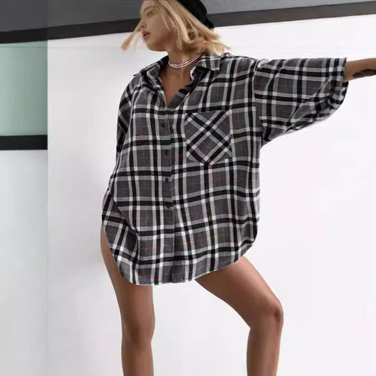 Damen Karierte Overshirt Hemdbluse Fudus