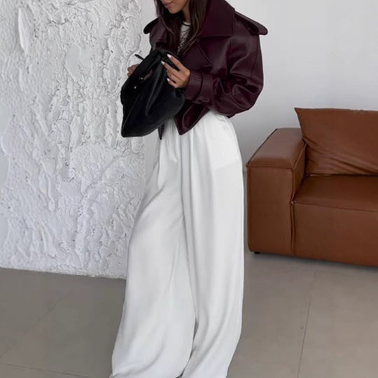 Damen Kunstlederjacke im modischen Biker-Stil mit breitem Revers Fudus