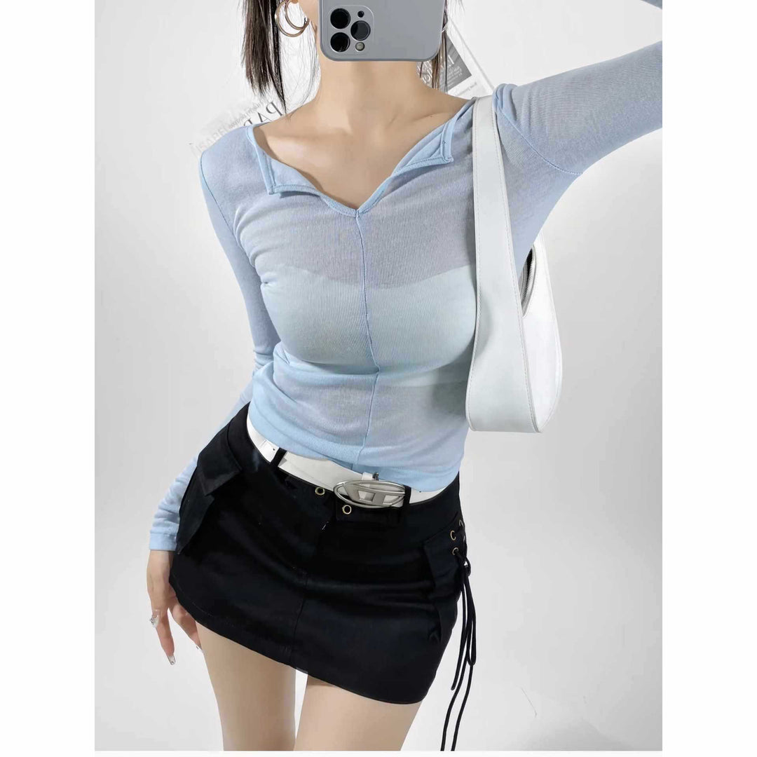 Damen langärmliges Oberteil mit elegantem Ausschnitt Fudus