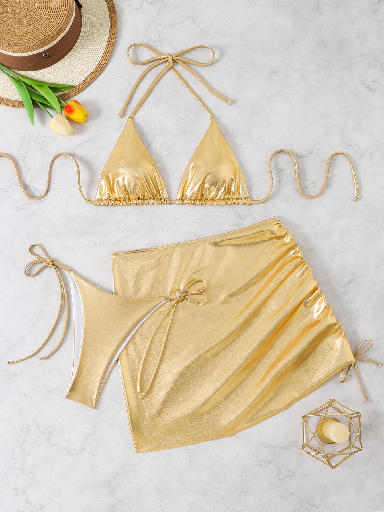 Bikini Set Damen Schimmernd Triangle Wickelrock