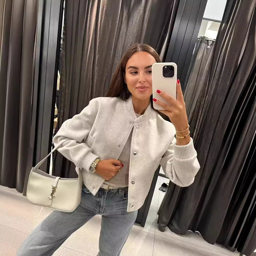 Damen lässige Bomberjacke mit elastischem Saum und praktischen Eingrifftaschen Fudus